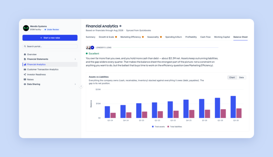 Hum borrower portal showing a company’s financial analytics and balance sheet